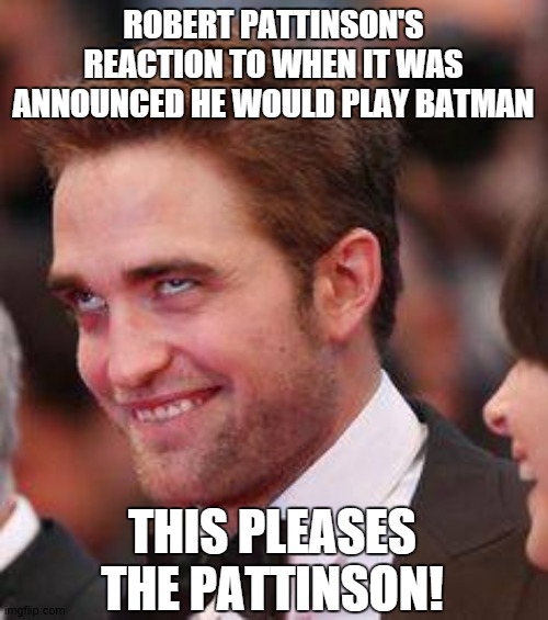 Robert Pattinson derps hard |  ROBERT PATTINSON'S REACTION TO WHEN IT WAS ANNOUNCED HE WOULD PLAY BATMAN; THIS PLEASES THE PATTINSON! | image tagged in derp,robert pattinson,batman | made w/ Imgflip meme maker