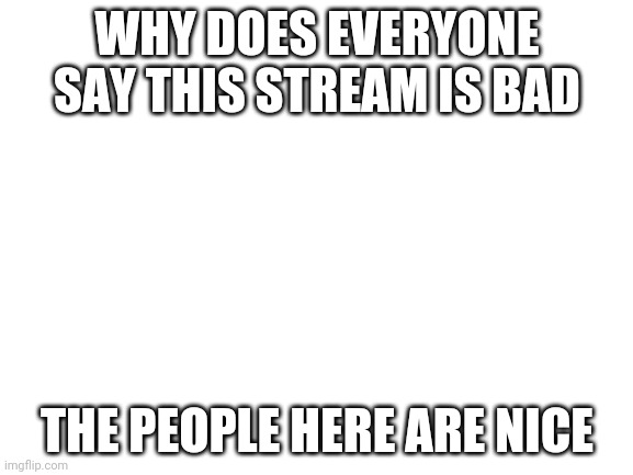 Blank White Template | WHY DOES EVERYONE SAY THIS STREAM IS BAD; THE PEOPLE HERE ARE NICE | image tagged in blank white template | made w/ Imgflip meme maker