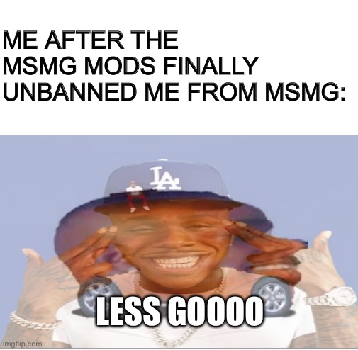 ME AFTER THE MSMG MODS FINALLY UNBANNED ME FROM MSMG:; LESS GOOOO | image tagged in dababy car | made w/ Imgflip meme maker