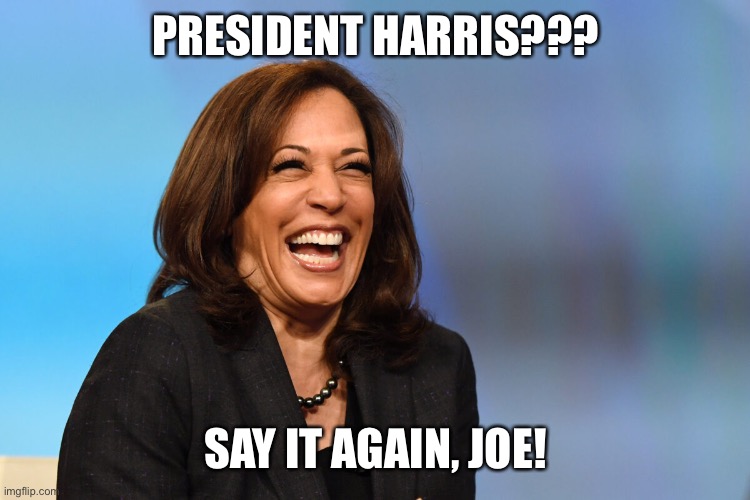 I’m surprised it is not President “you know” | PRESIDENT HARRIS??? SAY IT AGAIN, JOE! | image tagged in kamala harris laughing,biden,president harris | made w/ Imgflip meme maker