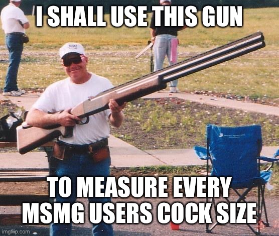 Big gun | I SHALL USE THIS GUN TO MEASURE EVERY MSMG USERS COCK SIZE | image tagged in big gun | made w/ Imgflip meme maker