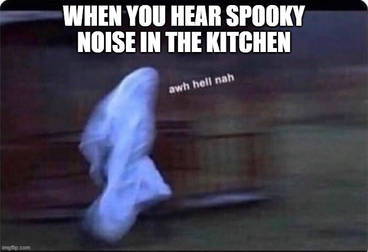 Awh hell nah | WHEN YOU HEAR SPOOKY NOISE IN THE KITCHEN | image tagged in awh hell nah | made w/ Imgflip meme maker