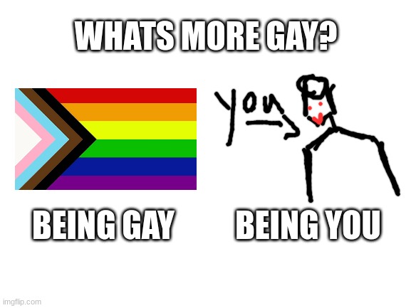 lets just be honest with ourselves: were all pretty gay. | WHATS MORE GAY? BEING GAY; BEING YOU | image tagged in blank white template | made w/ Imgflip meme maker