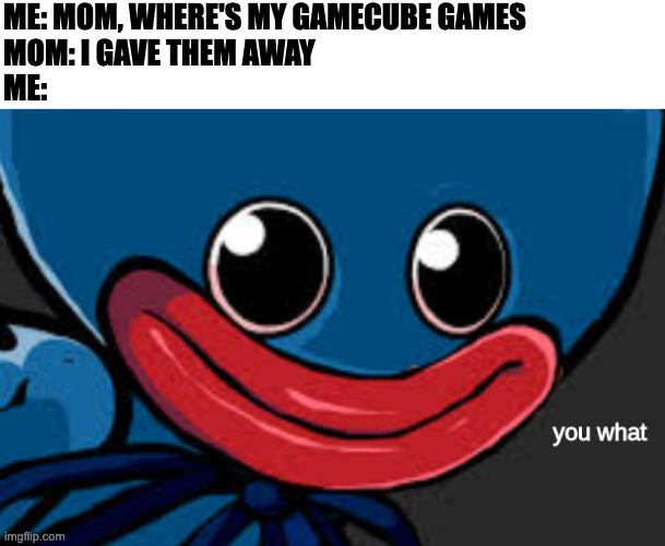 you what (Huggy Wuggy edition) | ME: MOM, WHERE'S MY GAMECUBE GAMES
MOM: I GAVE THEM AWAY
ME: | image tagged in you what huggy wuggy edition,gamecube,gaming,funny,memes,fun | made w/ Imgflip meme maker