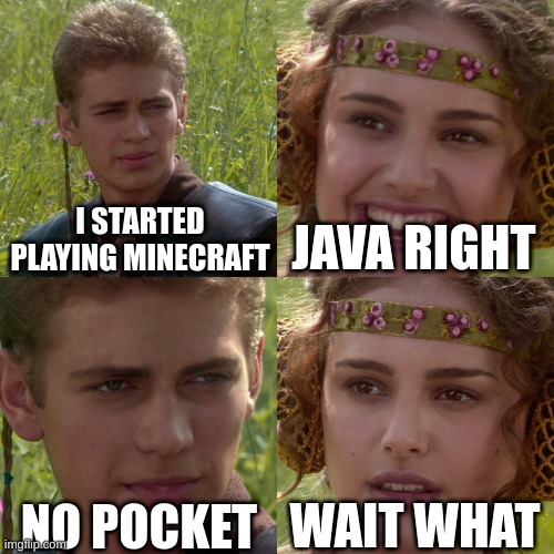 Anakin Padme 4 Panel | I STARTED PLAYING MINECRAFT; JAVA RIGHT; NO POCKET; WAIT WHAT | image tagged in anakin padme 4 panel | made w/ Imgflip meme maker