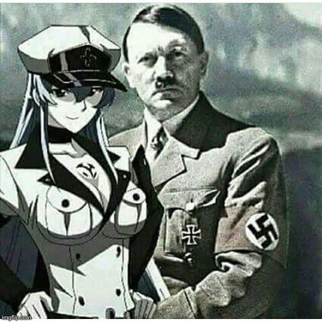 Someone brought Esdeath to der Führer! | image tagged in esdeath,adolf hitler,hitler,akame ga kill,nazi,strange | made w/ Imgflip meme maker