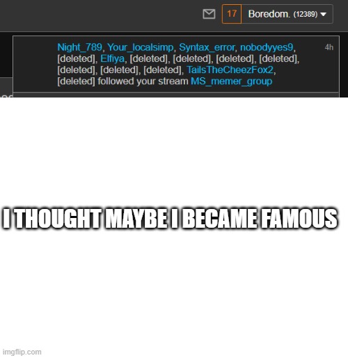 I THOUGHT MAYBE I BECAME FAMOUS | image tagged in blank white template | made w/ Imgflip meme maker