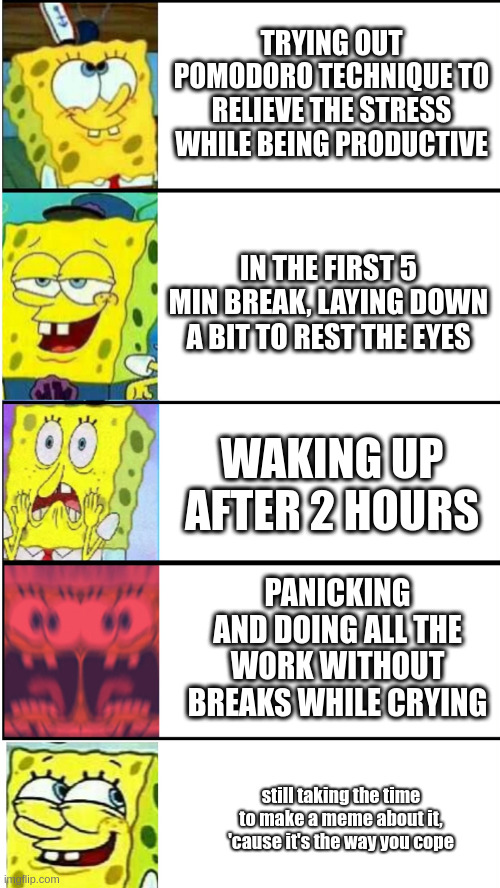 Well, that went well... | TRYING OUT POMODORO TECHNIQUE TO RELIEVE THE STRESS WHILE BEING PRODUCTIVE; IN THE FIRST 5 MIN BREAK, LAYING DOWN A BIT TO REST THE EYES; WAKING UP AFTER 2 HOURS; PANICKING AND DOING ALL THE WORK WITHOUT BREAKS WHILE CRYING; still taking the time to make a meme about it, 'cause it's the way you cope | image tagged in daily mood swings,pomodoro technique,panic | made w/ Imgflip meme maker