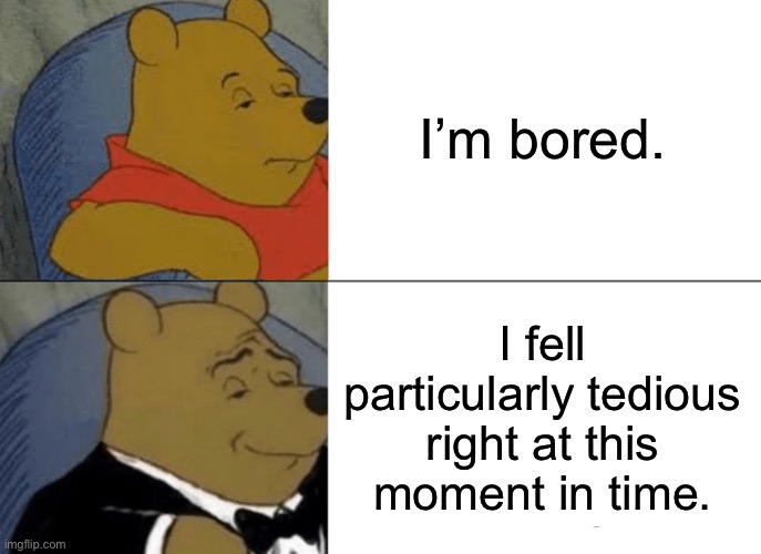 Smort | I’m bored. I fell particularly tedious right at this moment in time. | image tagged in memes,tuxedo winnie the pooh | made w/ Imgflip meme maker