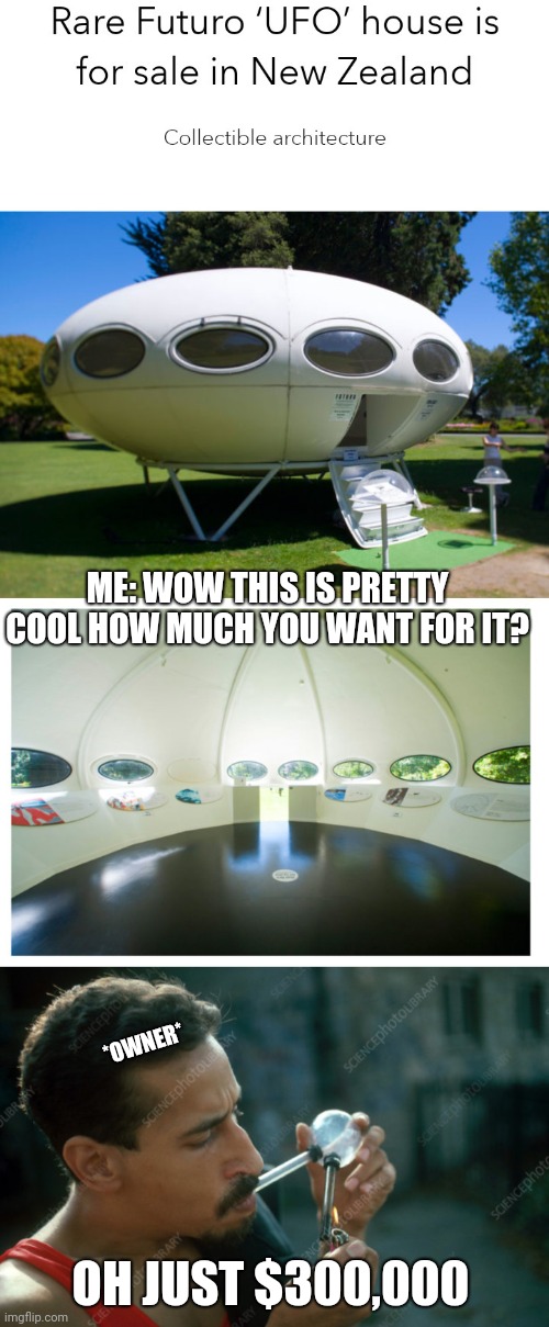 ME: WOW THIS IS PRETTY COOL HOW MUCH YOU WANT FOR IT? *OWNER*; OH JUST $300,000 | made w/ Imgflip meme maker