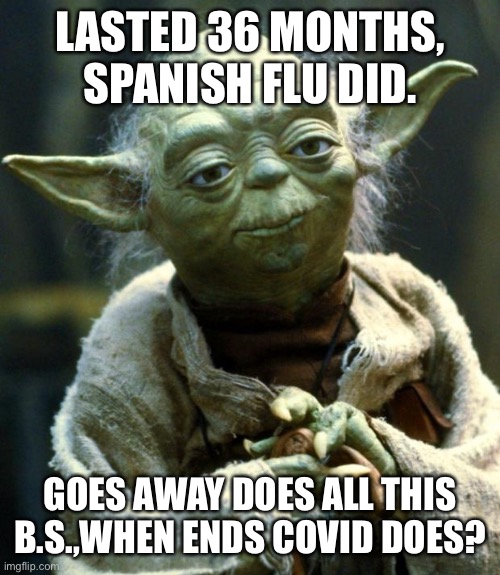Will the masks, lockdowns and vax requirements end too? | LASTED 36 MONTHS, SPANISH FLU DID. GOES AWAY DOES ALL THIS B.S.,WHEN ENDS COVID DOES? | image tagged in memes,star wars yoda | made w/ Imgflip meme maker