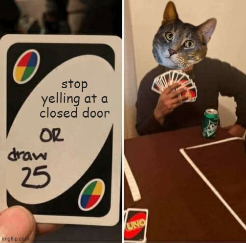 UNO Draw 25 Cards | stop yelling at a closed door | image tagged in memes,uno draw 25 cards | made w/ Imgflip meme maker