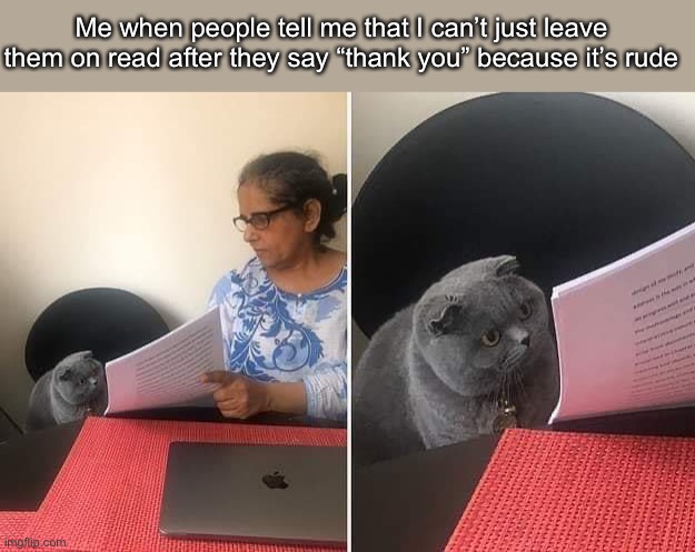 I don’t get it? Is it not what you’re supposed to do? | Me when people tell me that I can’t just leave them on read after they say “thank you” because it’s rude | image tagged in woman showing paper to cat | made w/ Imgflip meme maker