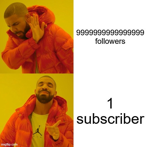 FUNNEH | 9999999999999999 followers; 1 subscriber | image tagged in memes,drake hotline bling | made w/ Imgflip meme maker