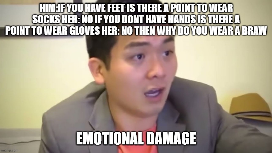 DAM | HIM:IF YOU HAVE FEET IS THERE A POINT TO WEAR SOCKS HER: NO IF YOU DONT HAVE HANDS IS THERE A POINT TO WEAR GLOVES HER: NO THEN WHY DO YOU WEAR A BRAW; EMOTIONAL DAMAGE | image tagged in emotional damage | made w/ Imgflip meme maker