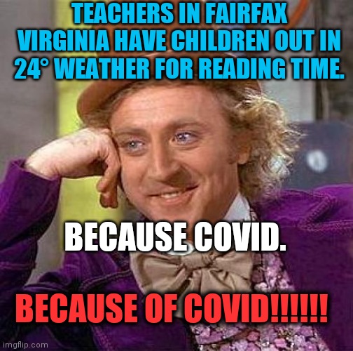 Teachers don't care about your children | TEACHERS IN FAIRFAX VIRGINIA HAVE CHILDREN OUT IN 24° WEATHER FOR READING TIME. BECAUSE COVID. BECAUSE OF COVID!!!!!! | image tagged in memes,creepy condescending wonka,freezing cold,dead cat,control,payday | made w/ Imgflip meme maker