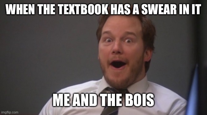 Chris Pratt Surprised | WHEN THE TEXTBOOK HAS A SWEAR IN IT; ME AND THE BOIS | image tagged in chris pratt surprised | made w/ Imgflip meme maker