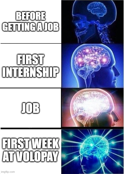 Expanding Brain | BEFORE GETTING A JOB; FIRST INTERNSHIP; JOB; FIRST WEEK AT VOLOPAY | image tagged in memes,expanding brain | made w/ Imgflip meme maker