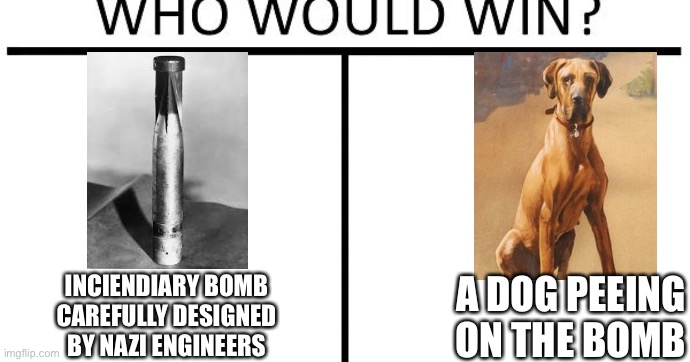 Who would win? | INCIENDIARY BOMB CAREFULLY DESIGNED BY NAZI ENGINEERS; A DOG PEEING ON THE BOMB | image tagged in history memes | made w/ Imgflip meme maker