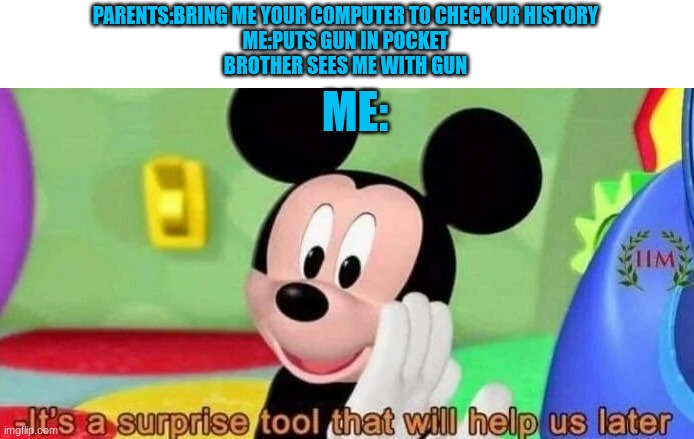 Surprise tool | PARENTS:BRING ME YOUR COMPUTER TO CHECK UR HISTORY
ME:PUTS GUN IN POCKET
BROTHER SEES ME WITH GUN; ME: | image tagged in surprise tool | made w/ Imgflip meme maker