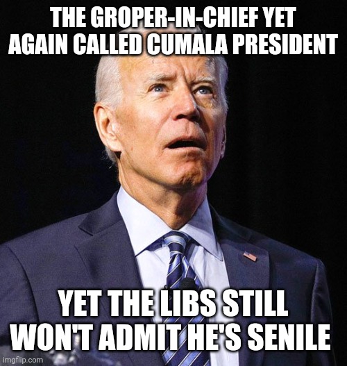 Yet again! HE DOESN'T EVEN KNOW HE'S PRESIDENT!!!!!! |  THE GROPER-IN-CHIEF YET AGAIN CALLED CUMALA PRESIDENT; YET THE LIBS STILL WON'T ADMIT HE'S SENILE | image tagged in joe biden,senile,paedophile,liar,civil rights victim | made w/ Imgflip meme maker