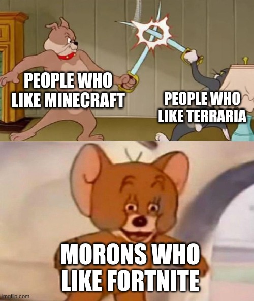 Tom and Jerry swordfight | PEOPLE WHO LIKE MINECRAFT; PEOPLE WHO LIKE TERRARIA; MORONS WHO LIKE FORTNITE | image tagged in tom and jerry swordfight,fortnite sucks,minecraft,terraria | made w/ Imgflip meme maker