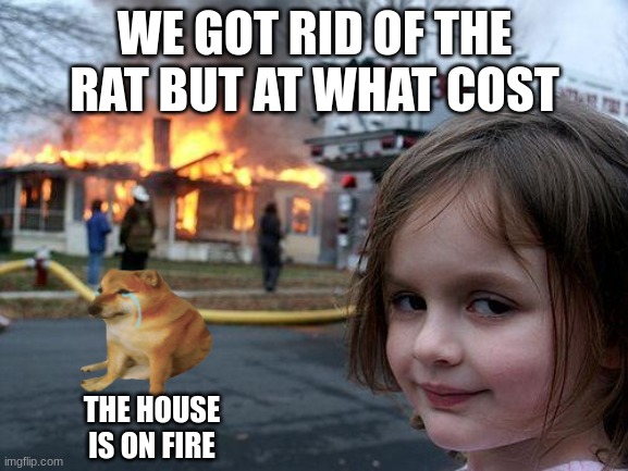 Disaster Girl Meme | WE GOT RID OF THE RAT BUT AT WHAT COST; THE HOUSE IS ON FIRE | image tagged in memes,disaster girl | made w/ Imgflip meme maker