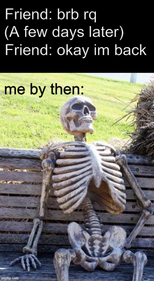 you said rq | (A few days later); Friend: brb rq; Friend: okay im back; me by then: | image tagged in memes,waiting skeleton | made w/ Imgflip meme maker