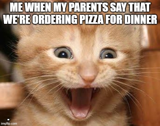Pizza | ME WHEN MY PARENTS SAY THAT WE'RE ORDERING PIZZA FOR DINNER; . | image tagged in memes,excited cat | made w/ Imgflip meme maker