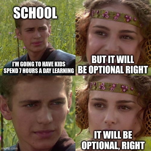 Anakin Padme 4 Panel | SCHOOL; I'M GOING TO HAVE KIDS SPEND 7 HOURS A DAY LEARNING; BUT IT WILL BE OPTIONAL RIGHT; IT WILL BE OPTIONAL, RIGHT | image tagged in anakin padme 4 panel | made w/ Imgflip meme maker