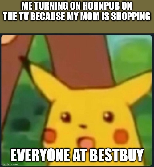 Oh No | ME TURNING ON HORNPUB ON THE TV BECAUSE MY MOM IS SHOPPING; EVERYONE AT BESTBUY | image tagged in surprised pikachu | made w/ Imgflip meme maker