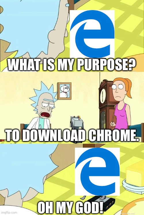 I don’t know if this is a repost, but wanted to make it after someone I know said something similar | WHAT IS MY PURPOSE? TO DOWNLOAD CHROME. OH MY GOD! | image tagged in what's my purpose - butter robot | made w/ Imgflip meme maker