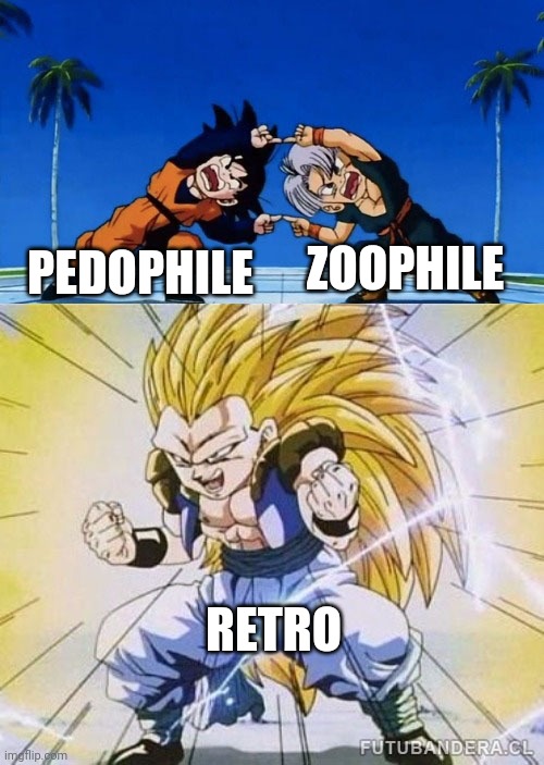 DBZ FUSION | ZOOPHILE; PEDOPHILE; RETRO | image tagged in dbz fusion | made w/ Imgflip meme maker