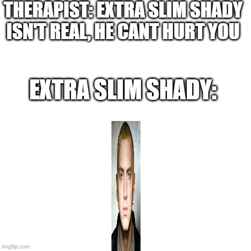 Blank Transparent Square | THERAPIST: EXTRA SLIM SHADY ISN'T REAL, HE CANT HURT YOU; EXTRA SLIM SHADY: | image tagged in memes,blank transparent square | made w/ Imgflip meme maker