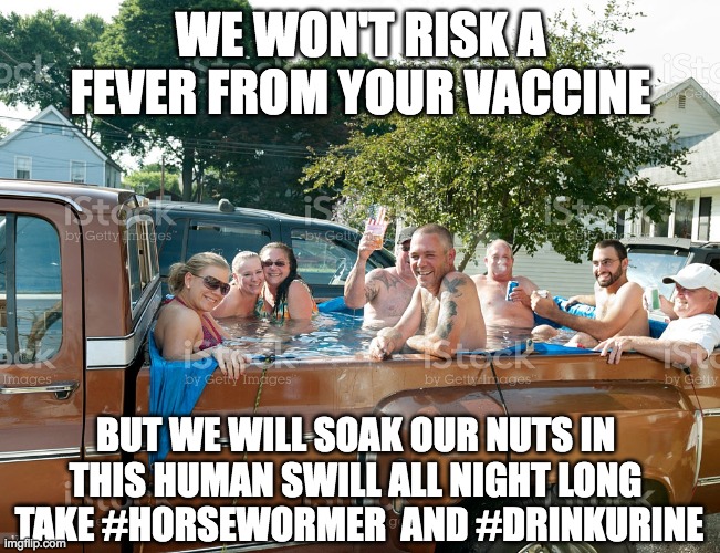 Nazi Hot tub | WE WON'T RISK A FEVER FROM YOUR VACCINE; BUT WE WILL SOAK OUR NUTS IN THIS HUMAN SWILL ALL NIGHT LONG  TAKE #HORSEWORMER  AND #DRINKURINE | made w/ Imgflip meme maker