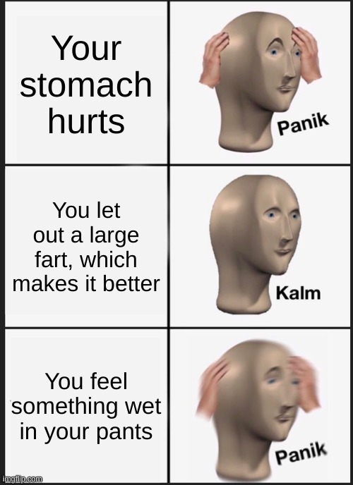 Panik Kalm Panik | Your stomach hurts; You let out a large fart, which makes it better; You feel something wet in your pants | image tagged in memes,panik kalm panik | made w/ Imgflip meme maker