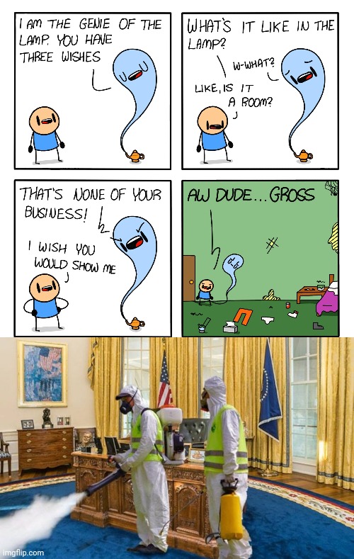 Messy room | image tagged in oval office fumingation,genie,comics/cartoons,comics,comic,memes | made w/ Imgflip meme maker