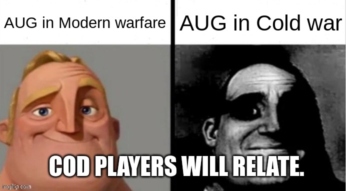 People Who Don't Know vs. People Who Know | AUG in Modern warfare; AUG in Cold war; COD PLAYERS WILL RELATE. | image tagged in people who don't know vs people who know | made w/ Imgflip meme maker