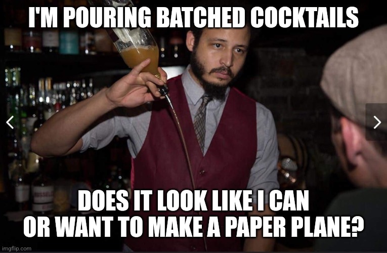Mixologist bartender makes Cocktails with attitude | I'M POURING BATCHED COCKTAILS; DOES IT LOOK LIKE I CAN OR WANT TO MAKE A PAPER PLANE? | image tagged in annoyed bartender | made w/ Imgflip meme maker