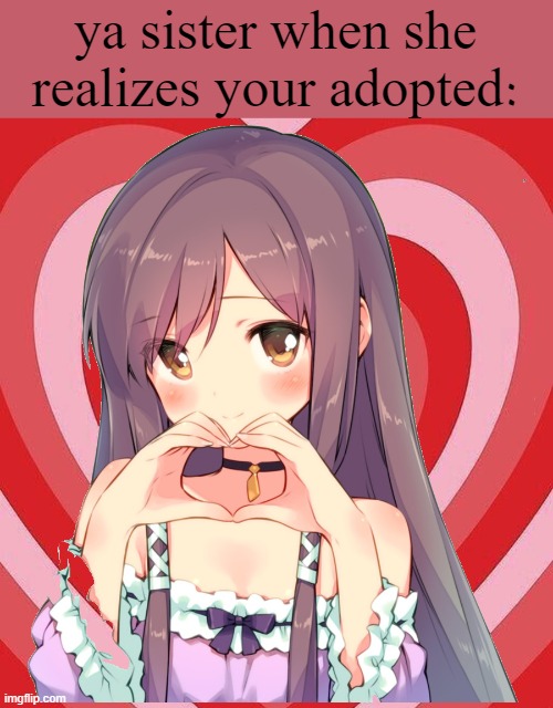 wtf man, you're adopted ಠ_ಠ(pls dont take seriously, it was just a joke) |  ya sister when she realizes your adopted: | image tagged in memes,gifs,unfunny,stuff,i respect relationships so pls dont take seriously | made w/ Imgflip meme maker