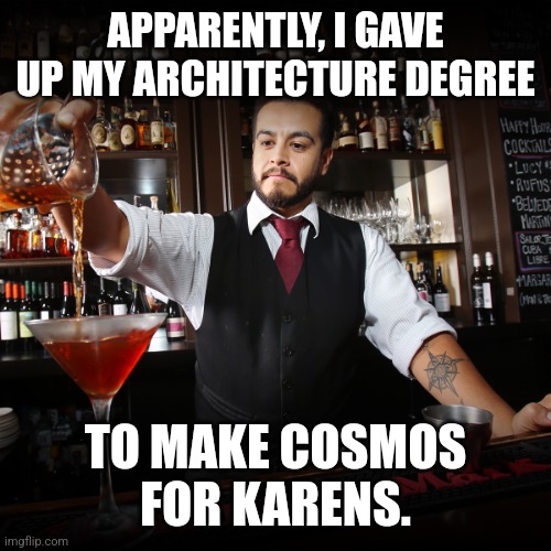 Cosmos for Karens | APPARENTLY, I GAVE UP MY ARCHITECTURE DEGREE; TO MAKE COSMOS FOR KARENS. | image tagged in pouring bartender,karens,cocktails,bartender,college,cosmos | made w/ Imgflip meme maker