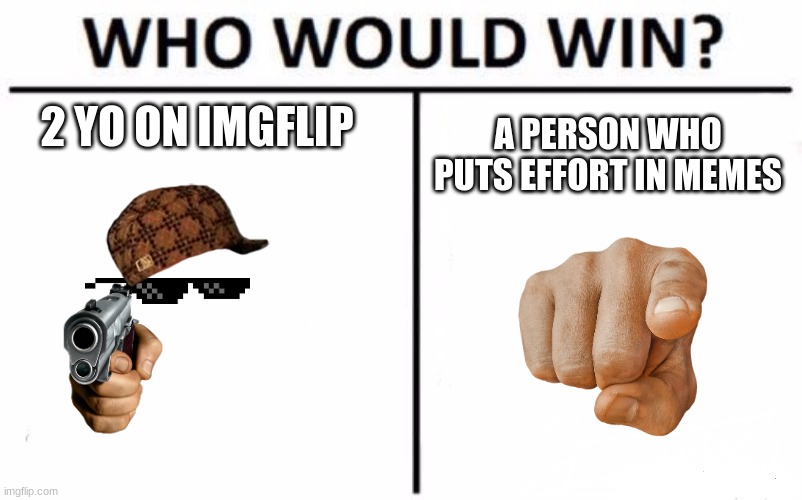 Who Would Win? | 2 YO ON IMGFLIP; A PERSON WHO PUTS EFFORT IN MEMES | image tagged in memes,who would win | made w/ Imgflip meme maker