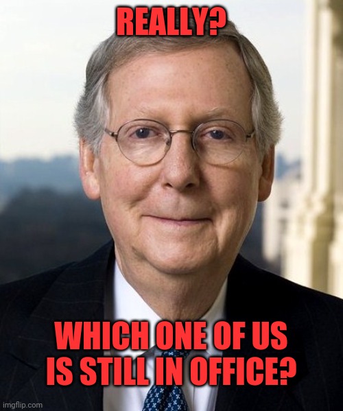 Mitch McConnel | REALLY? WHICH ONE OF US IS STILL IN OFFICE? | image tagged in mitch mcconnel | made w/ Imgflip meme maker