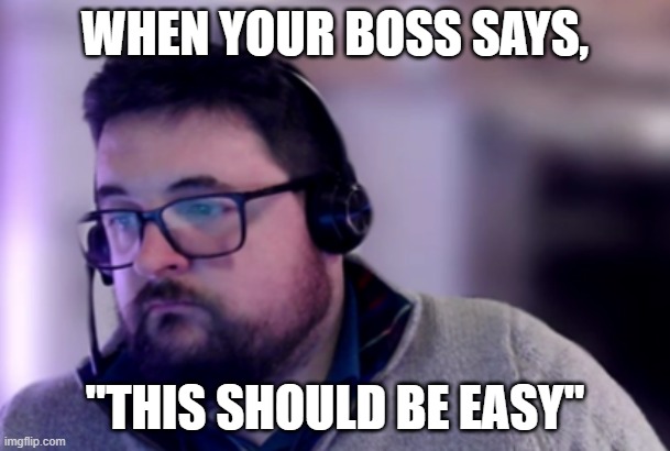 Sad Network IT Guy | WHEN YOUR BOSS SAYS, "THIS SHOULD BE EASY" | image tagged in sad network it guy | made w/ Imgflip meme maker