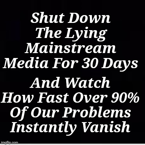 Shut Down The Lying Mainstream Media For 30 Days | Shut Down The Lying Mainstream Media For 30 Days; And Watch How Fast Over 90% Of Our Problems Instantly Vanish | image tagged in msm lies | made w/ Imgflip meme maker