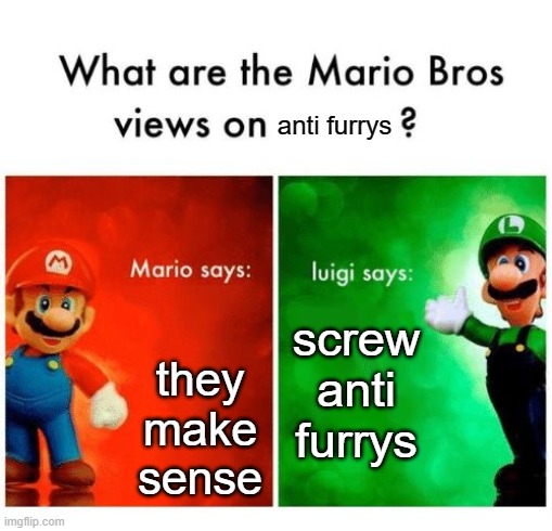 the true | anti furrys; they make sense; screw anti furrys | image tagged in mario vs luigi | made w/ Imgflip meme maker