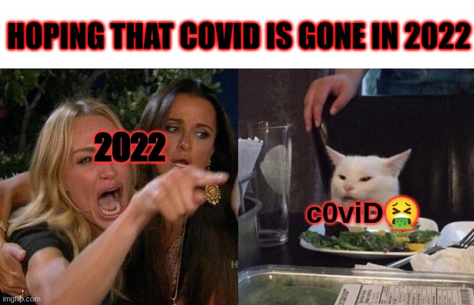 covid be like | HOPING THAT COVID IS GONE IN 2022; 2022; c0viD🤮 | image tagged in memes,woman yelling at cat,covid-19 | made w/ Imgflip meme maker