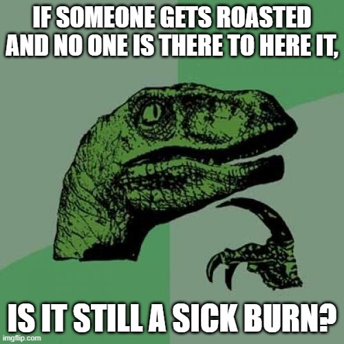 Philosoraptor | IF SOMEONE GETS ROASTED AND NO ONE IS THERE TO HERE IT, IS IT STILL A SICK BURN? | image tagged in memes,philosoraptor | made w/ Imgflip meme maker