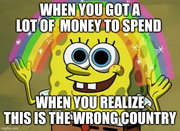 me is juju | WHEN YOU GOT A LOT OF  MONEY TO SPEND; WHEN YOU REALIZE THIS IS THE WRONG COUNTRY | image tagged in memes,imagination spongebob | made w/ Imgflip meme maker
