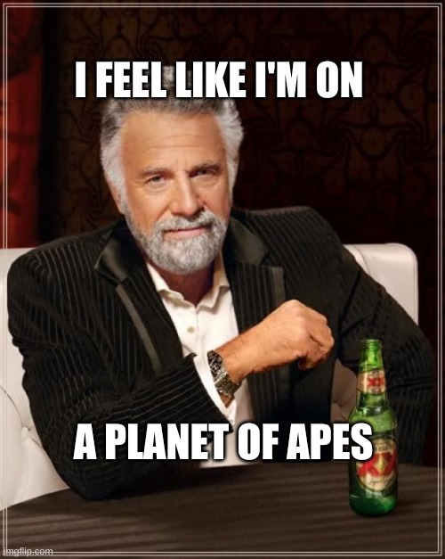 Damn Dirty Meeps |  I FEEL LIKE I'M ON; A PLANET OF APES | image tagged in the most interesting man in the world,i don't want to live on this planet anymore,planet of the apes,charlton heston | made w/ Imgflip meme maker